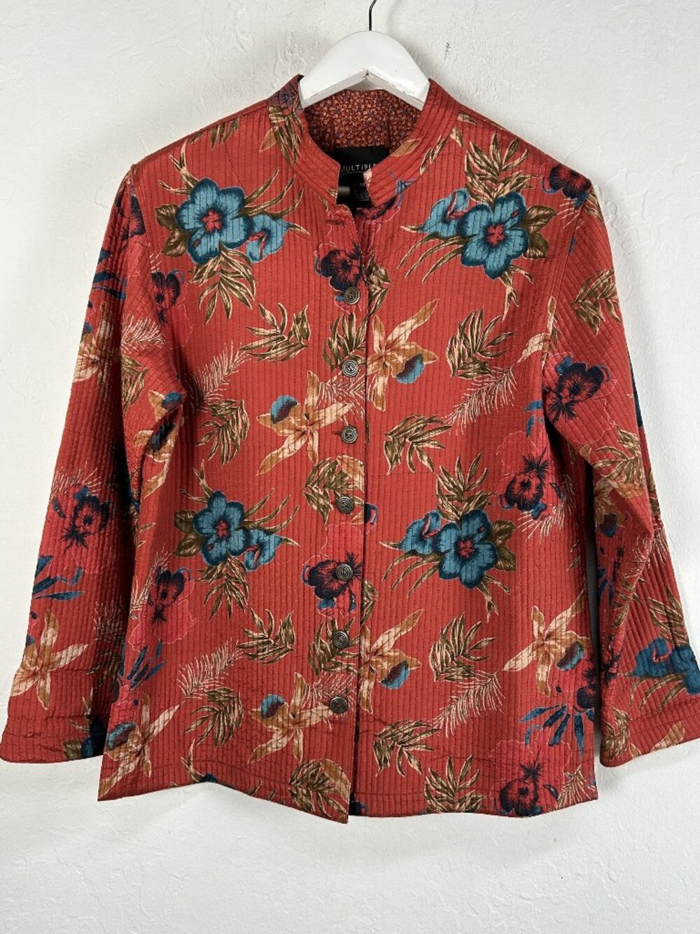 Multiples Red Quilted Floral Jacket Womens Mandrin Collar Hibiscus Shacket VTG